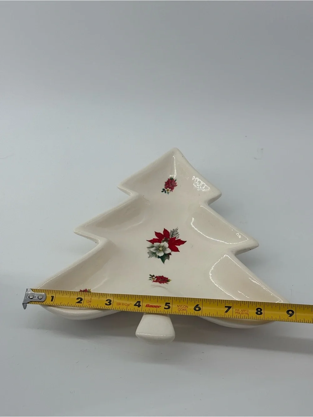 Cream Ceramic Christmas Tree Serving Tray with Red Poinsettia Motif